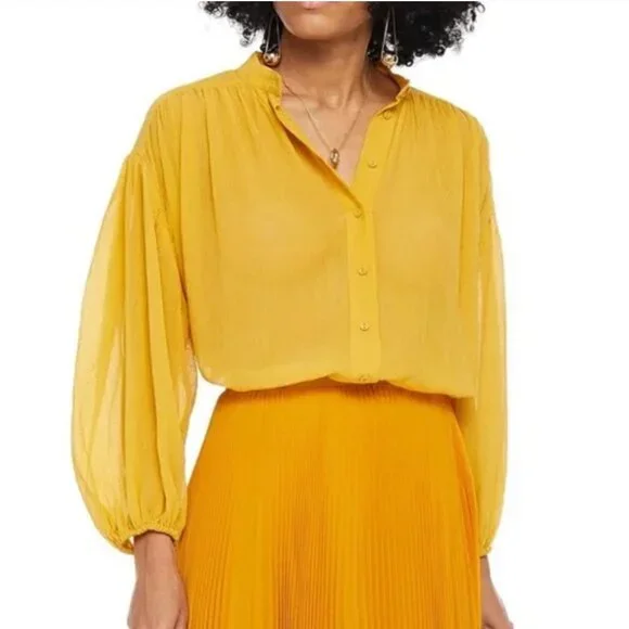 Zimmermann Textured Silk Button Up Mock Next Blouse Mustard Brown size 1 Small - Picture 2 of 10